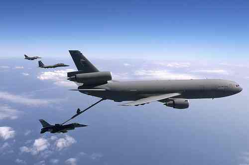 An F-16 Fighting Falcon refuels from a KC-10 Extender 